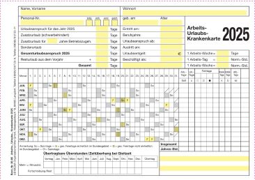 Arbeits-, Urlaubs-, Krankenkarte mit Kalendarium 2025